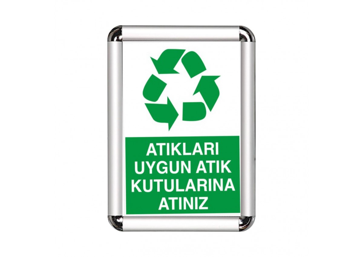 Atıkları Uygun Atık Kutularına Atın A3 Cerceveli Uyarı ve Yönlendirme Levhası