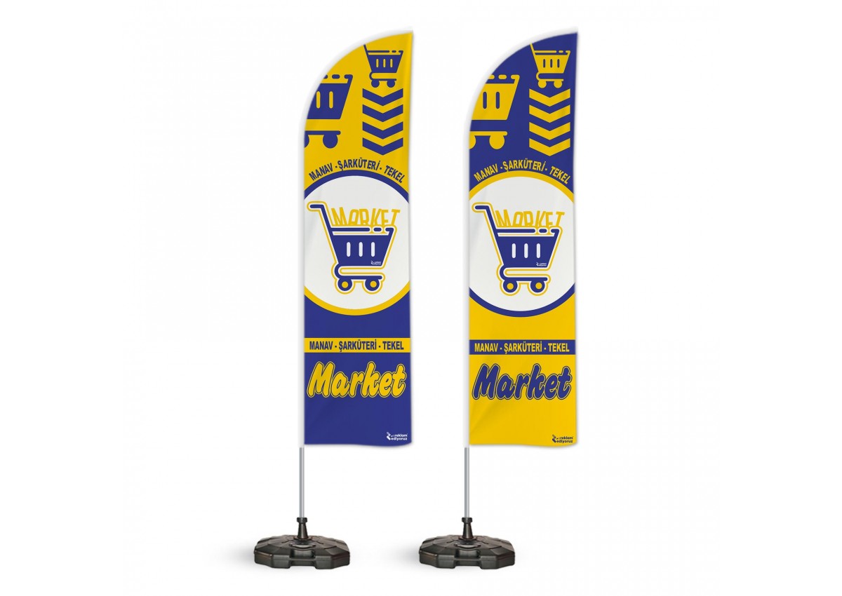Market Manav Şarküteri Temalı Yelken Bayrak Takımı Mavi Sarı  2 adet