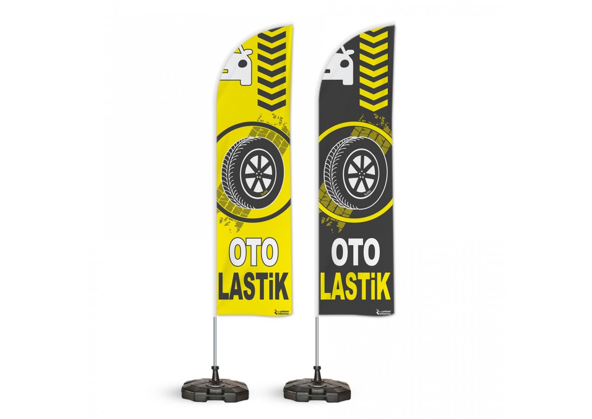 Oto Lastik  Temalı Yelken Bayrak Takımı Gri Sarı  2 adet