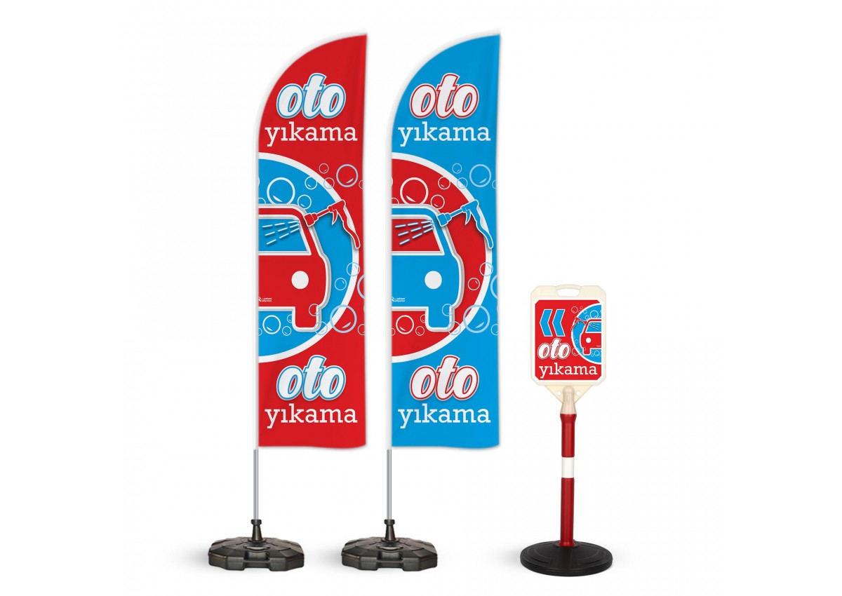 Oto Yıkama v2 Temalı 2 Adet Yelken Bayrak ve 1 Bariyer Duba Takımı